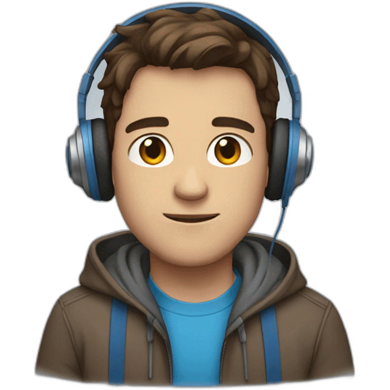 male, brown hair, brown eyes, headphones, blue hoodie, not smiling emoji