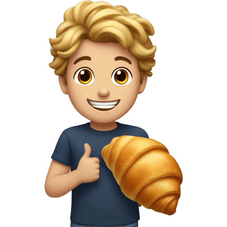 Young french boy smiling with a enormous croissant in his hands emoji