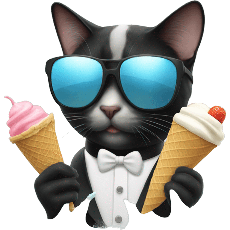 Tuxedo cat wearing sunglasses eating ice cream in the ocean emoji