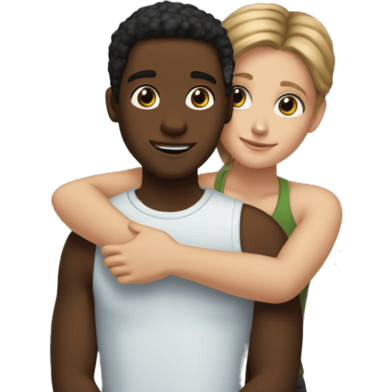 Tall white boy and short black girl hugging  emoji