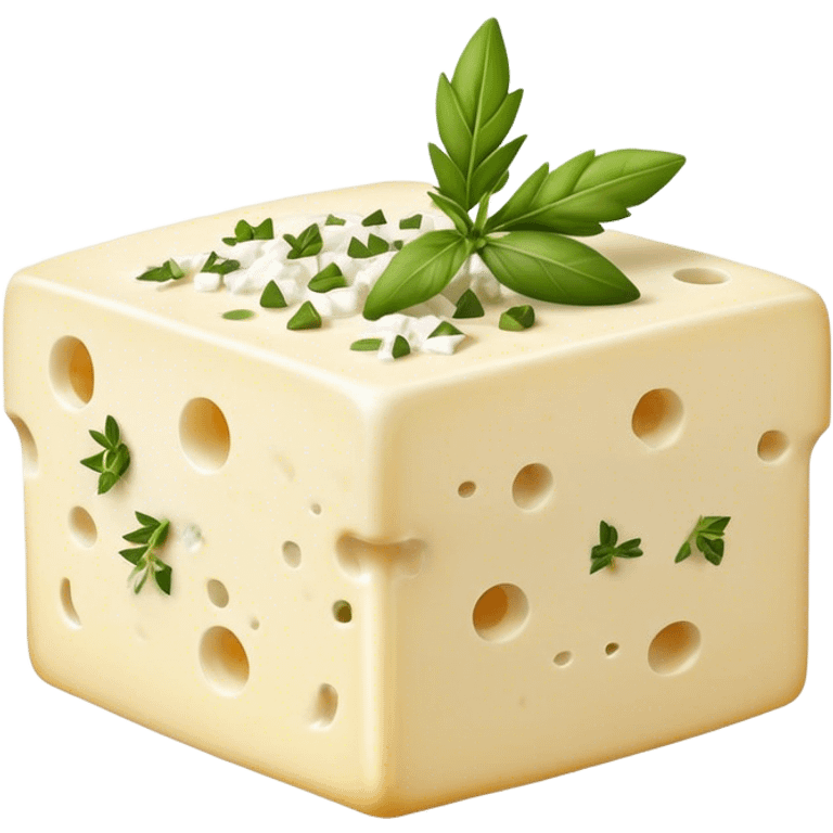 Cinematic Realistic Feta Cheese Dish Emoji, depicted as a block of crumbly, tangy cheese garnished with olive oil and herbs rendered with lifelike detail and soft natural lighting. emoji