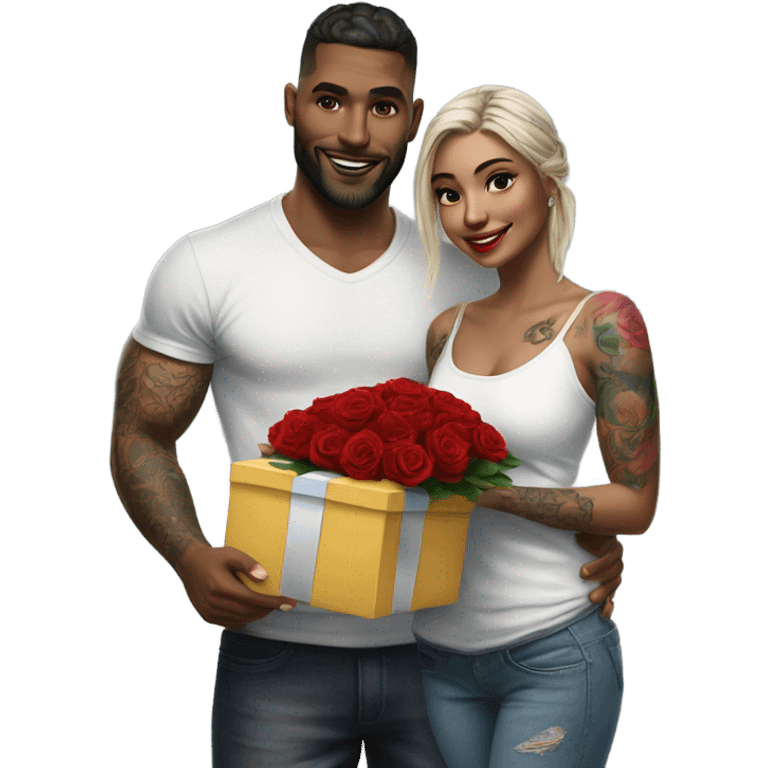 Hyper Realistic beautiful woman receiving a gift and a bouquet of roses from a handsome tattooed man  emoji