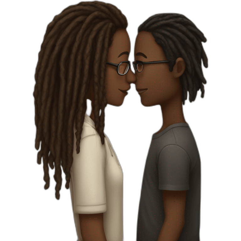 Black boy with dreads covering face kissing brown girl with glasses emoji