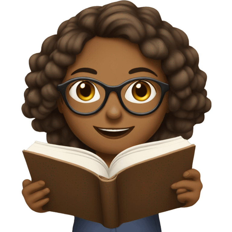 Girl with glasses is reading the brown book and smiling emoji