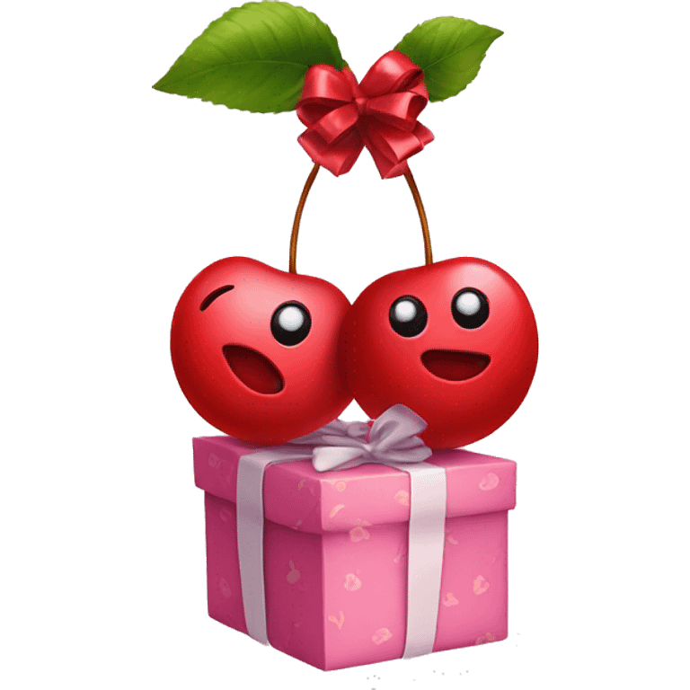 An emoji of two cherries hanging from a gift bow, with a delicate ribbon tying them together emoji