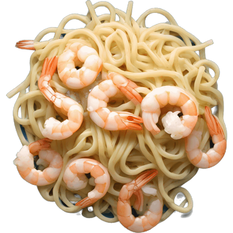 long thin pasta noodles on a blue plate with white sauce and shrimp, black background, top down view emoji