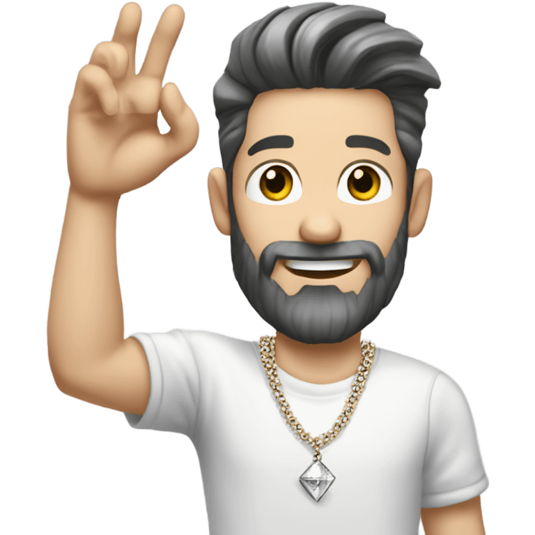 Younger white male with greying dark brown hair, a beard, and tattoos that is wearing a diamond coated white gold necklace, waving hello emoji