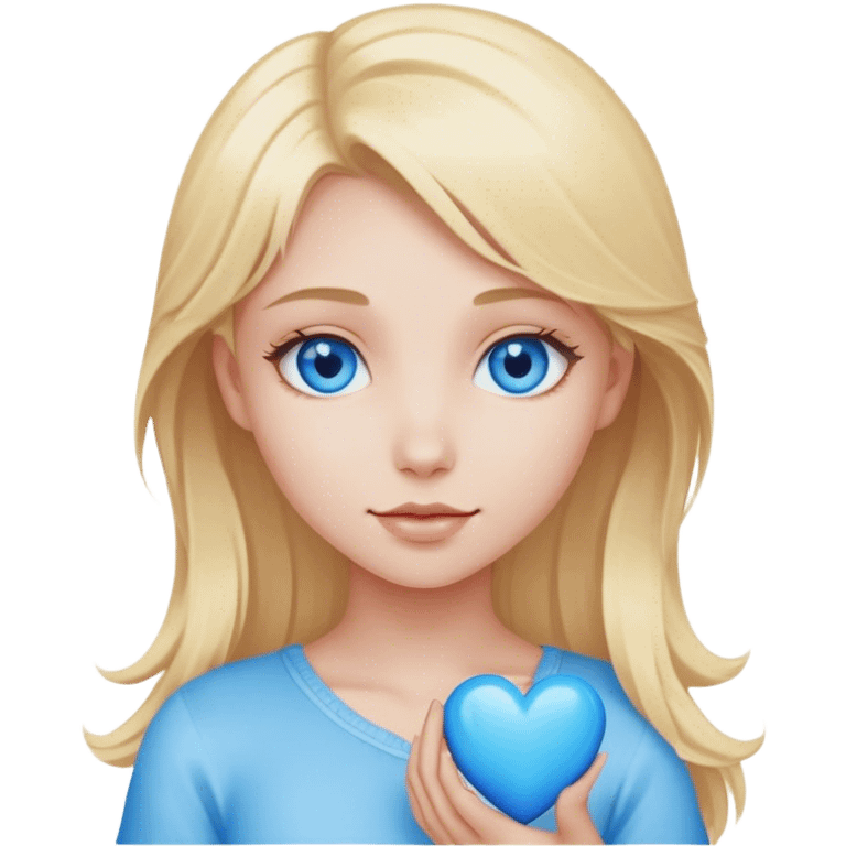 Blonde girl with blue eyes holding a blue heart emoji