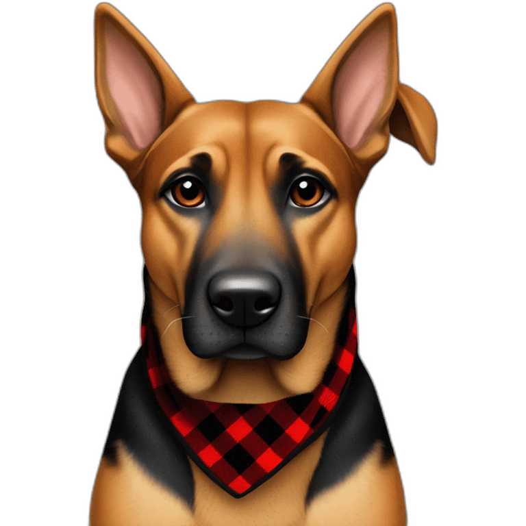 75% Coonhound 25% German Shepherd mix dog wearing small pointed red buffalo plaid bandana pointing down side view full body facing left emoji