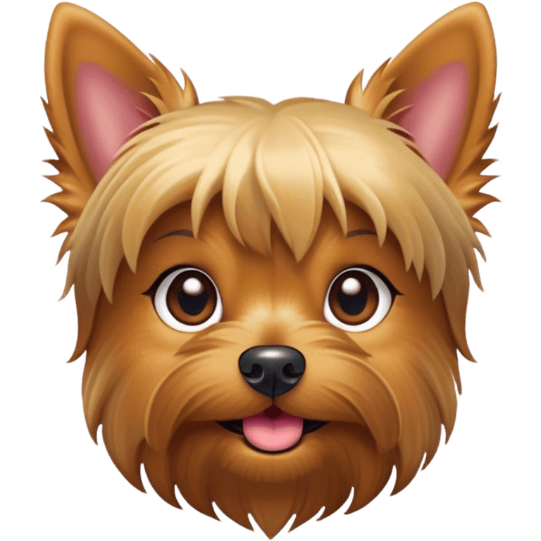 Cinematic Cute Yorkshire Terrier Portrait Emoji, Head perked with bright, twinkling eyes and a perky expression, showcasing a soft, silky fur in rich hues, simplified yet adorably detailed, glowing with a cheerful, inviting glow, high shine, exuding playful intelligence and spunky charm, styled with a gentle, whimsical outline, capturing the essence of a cute Yorkshire Terrier that appears ready to frolic off the screen with irresistible energy! emoji