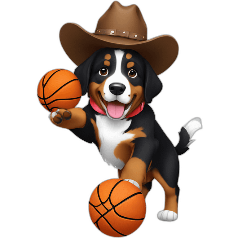 bernese mountain dog puppy wearing cowboy hat and shooting a basketball at a hoop in the mountains  emoji