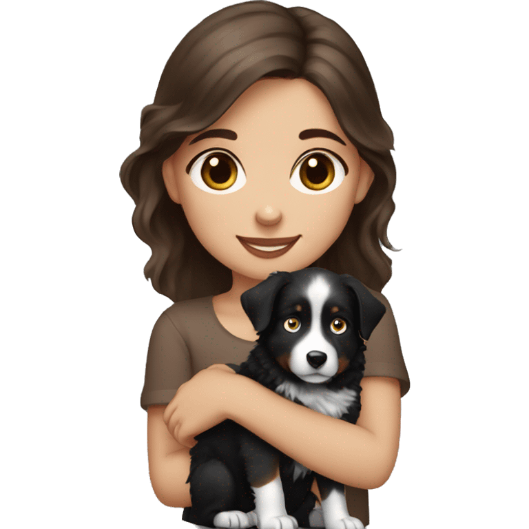 girl with brown hair and blue eyes holding black australian shepherd puppy emoji