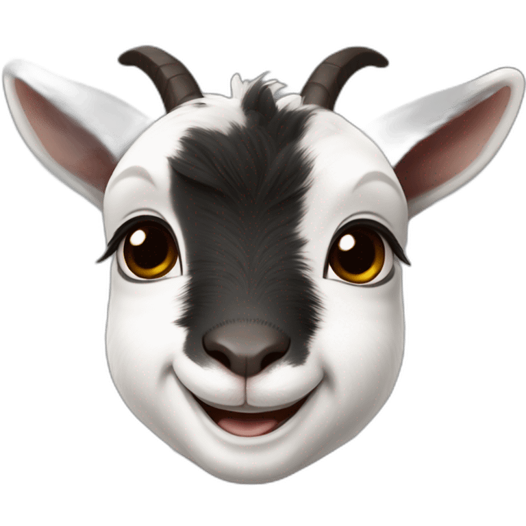 baby goat with a black face, brown eyes, grey ears and a white spot on their head, smiling emoji