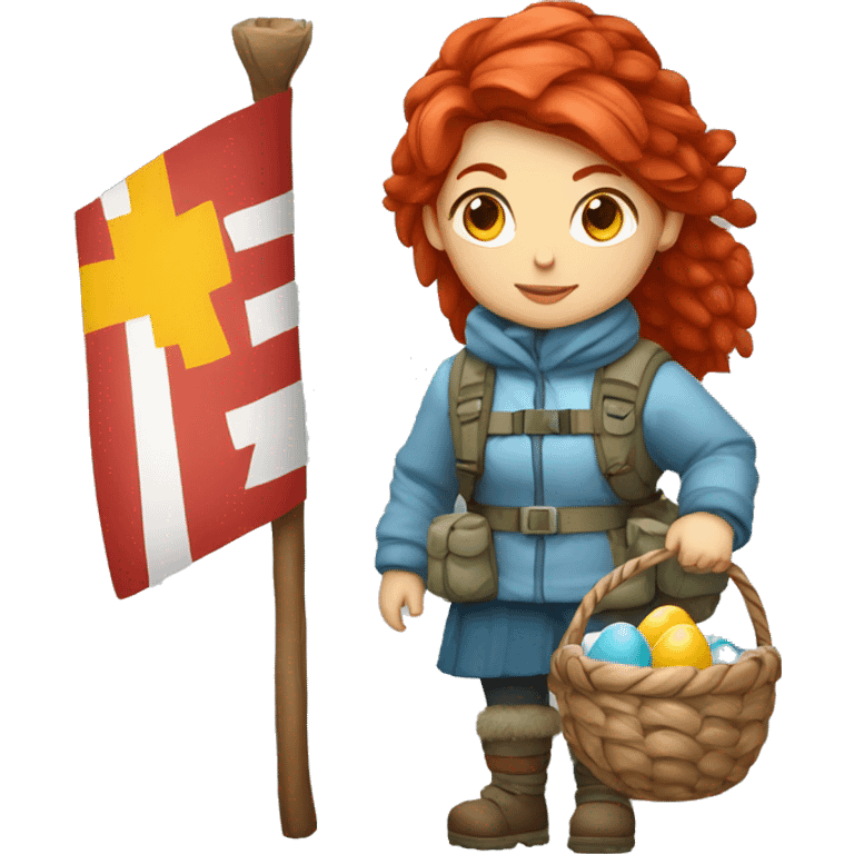 female winter mountaineer red hair with red Easter egg basket and Greek flag emoji