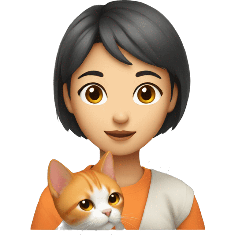 An asian girl with short hair holding an orange cat emoji