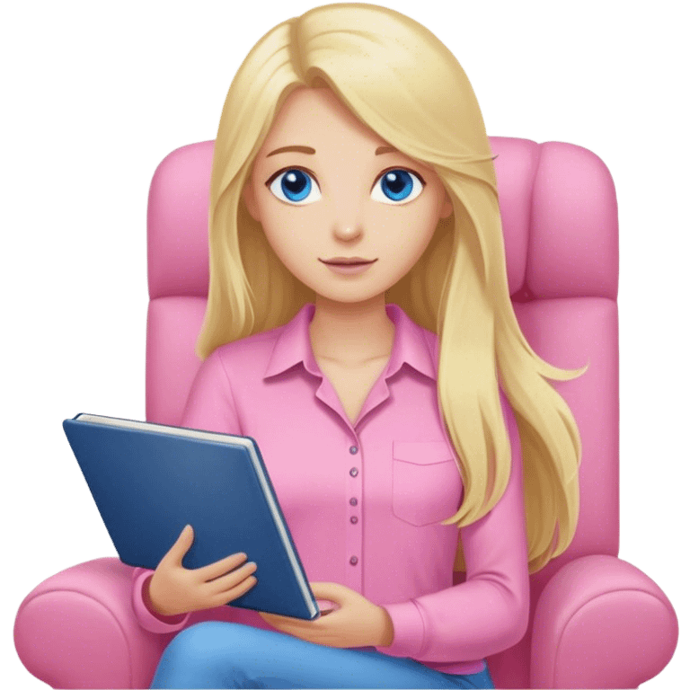 A cinematic realistic blonde with long hair and blue eyes, dressed in a pink shirt, sits on an armchair with a notebook in her hands emoji