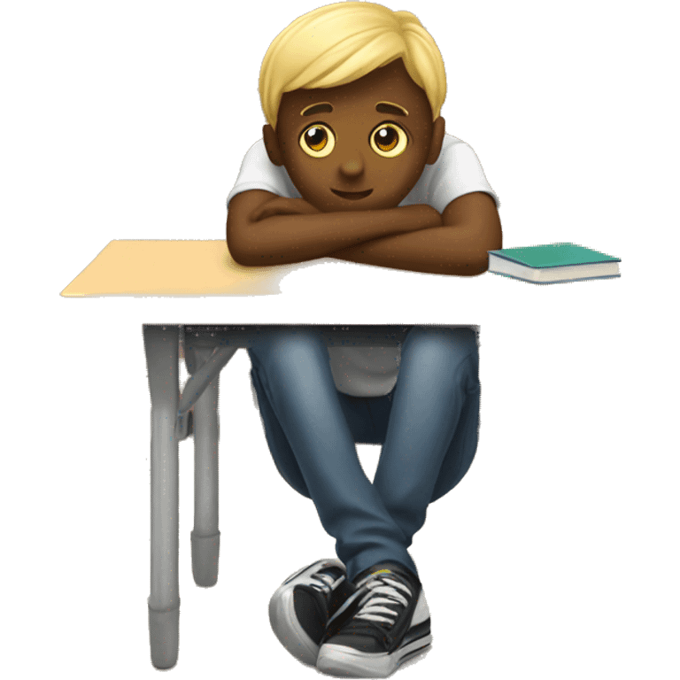 student lies down on a school desk with legs emoji