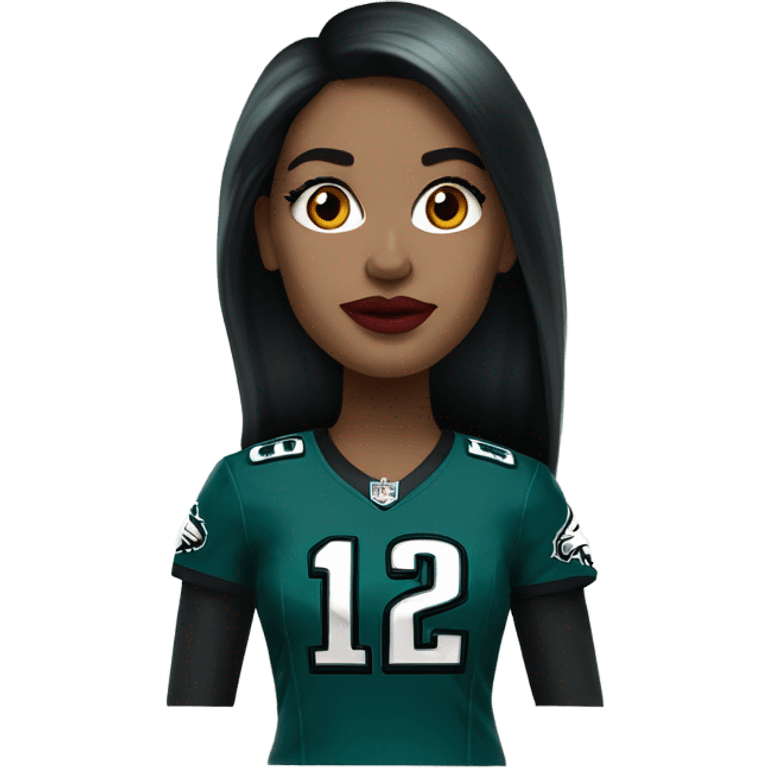 White female long dark hair red lips wearing Philadelphia Eagles jersey emoji