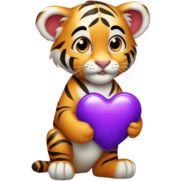 Cute tiger cub holding purple heart emoji