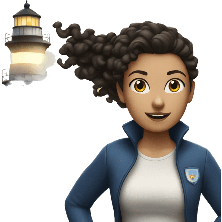 White woman with blue eyes and dark curly hair in a ponytail running with a lighthouse in front of her emoji