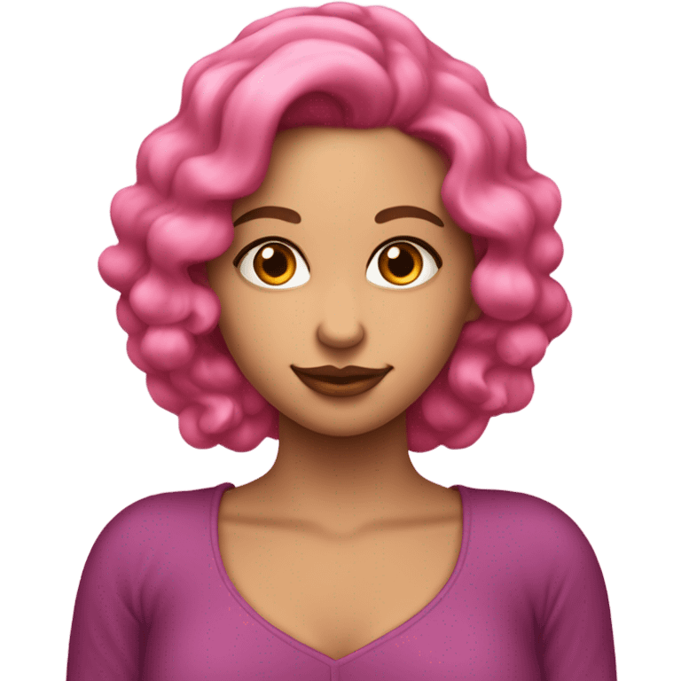 Una chica morenita, con ojos rosados, y pelo rizado largo rosado, ropa blanca emoji