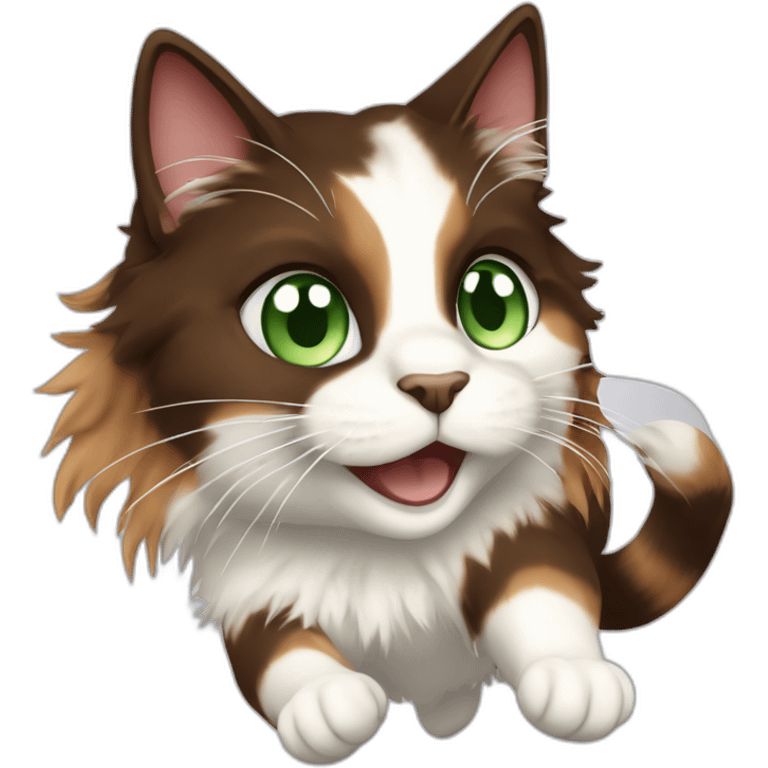 jumping longhaired white and dark brown calico cat with green eyes jumping emoji