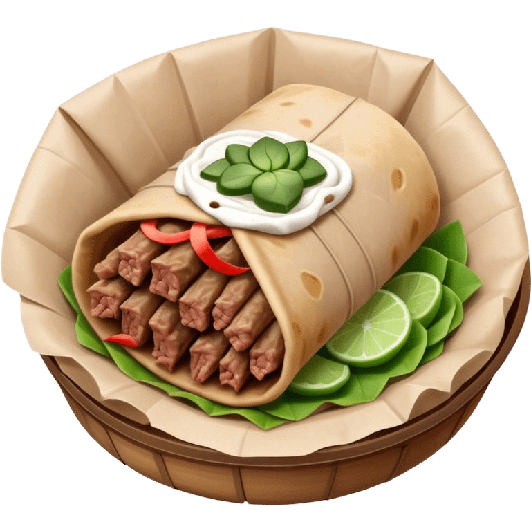 Gyros Cinematic Realistic Gyros Dish Emoji, depicted as succulent, spiced meat wrapped in paper for easy handling, rendered with lifelike textures and dynamic, warm lighting. emoji