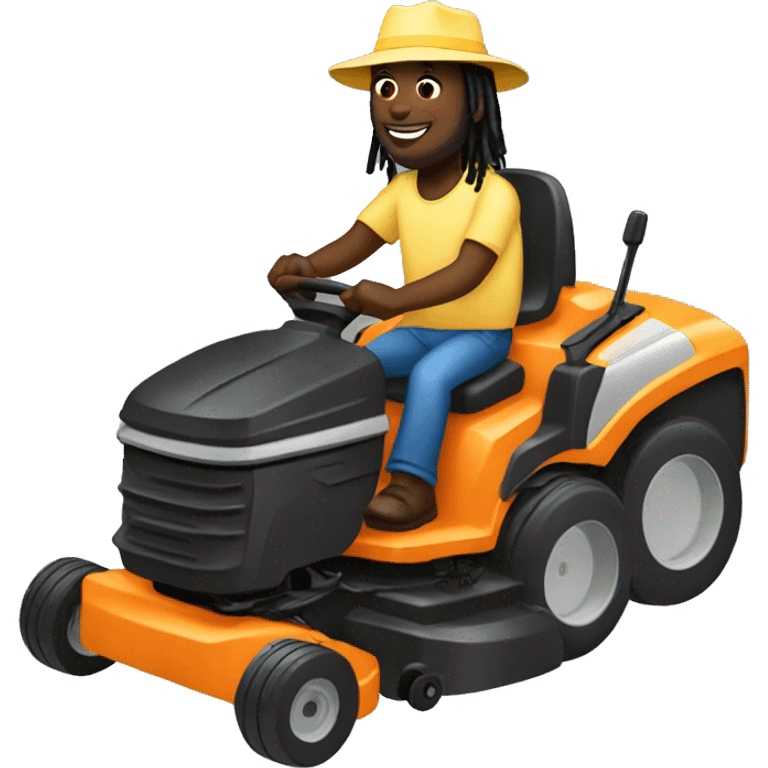 Black man with dreads riding lawn mover with a sun blocking hat emoji