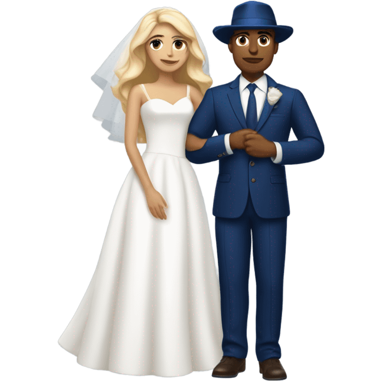 Puerto rican beard short hair with blue hat and navy blue suit getting Married with blond long hair girl with white  wedding dress  emoji