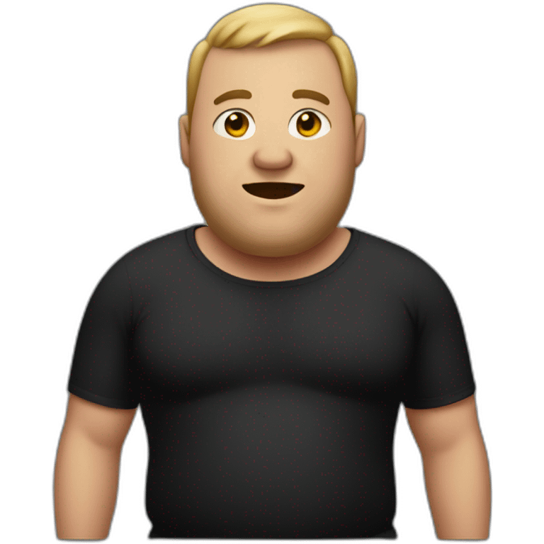 Make fat man wearing all black without a tshirt and holding a iphone emoji