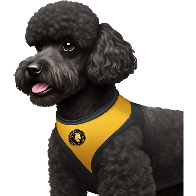 A black miniature poodle with a shaved face and a black collar with gold Versace emblems on it wearing an Arizona state #4 football jersey  emoji