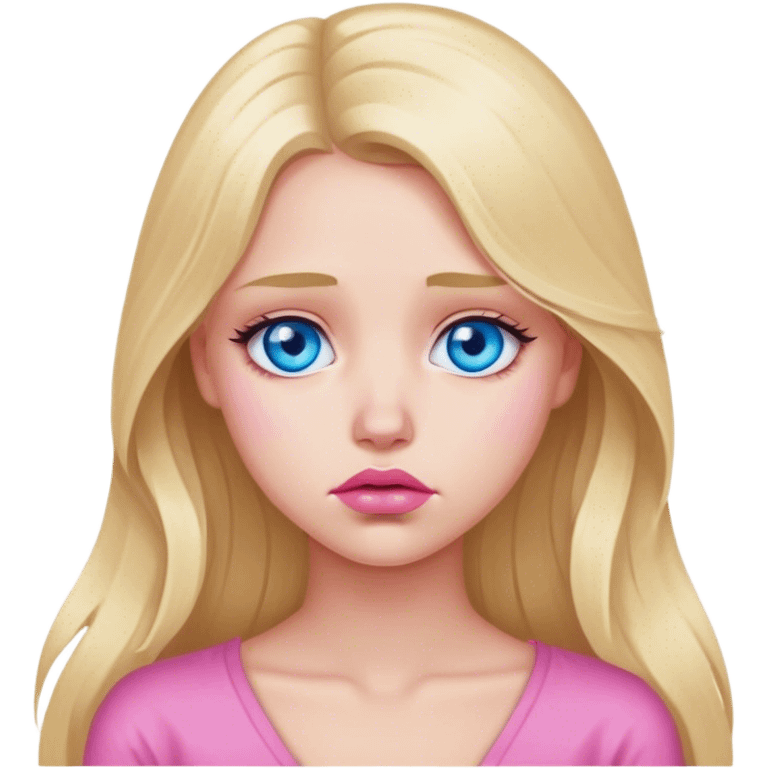 A beautiful blonde girl with long hair, blue eyes, pink lips is sad emoji