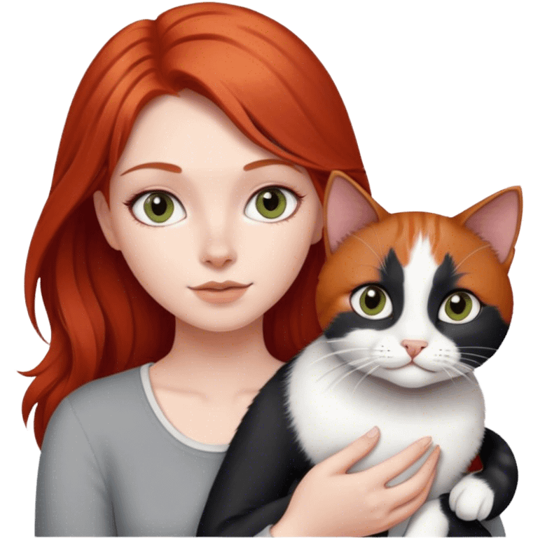 red haired girl grey eyes  with black and white cat emoji