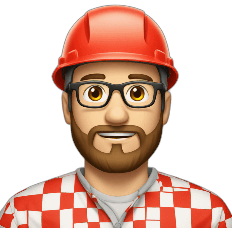 brown hair beard glasses hardhat shirt with red squares emoji