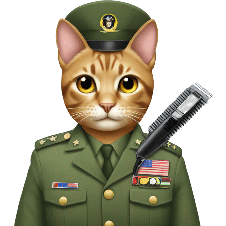 cat in military unifrom cutting client hair with clippers emoji