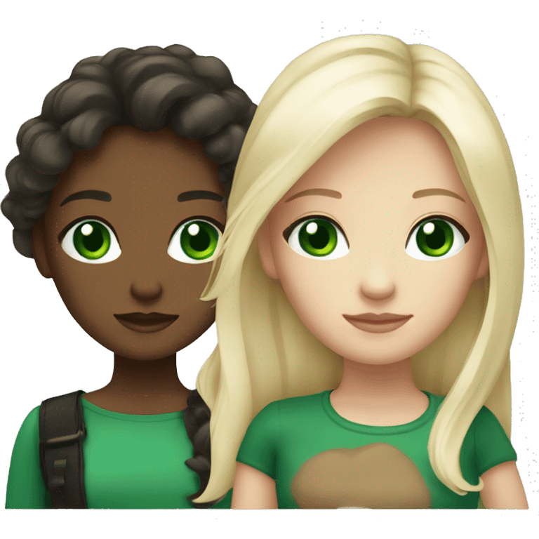 2 girls, one blonde with bright green eyes and the other with long brunette hair and dark green eyes emoji