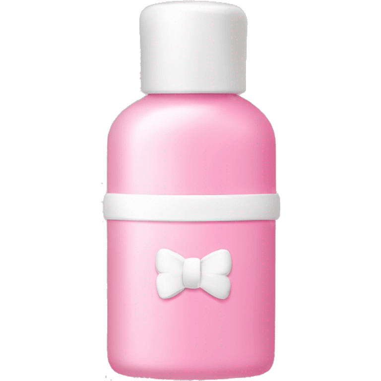 Pink and white skincare bottle with a small pink and cream colored bow as the logo emoji