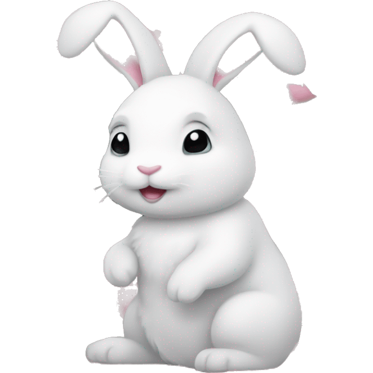 cute white bunny holding light pink peonies emoji