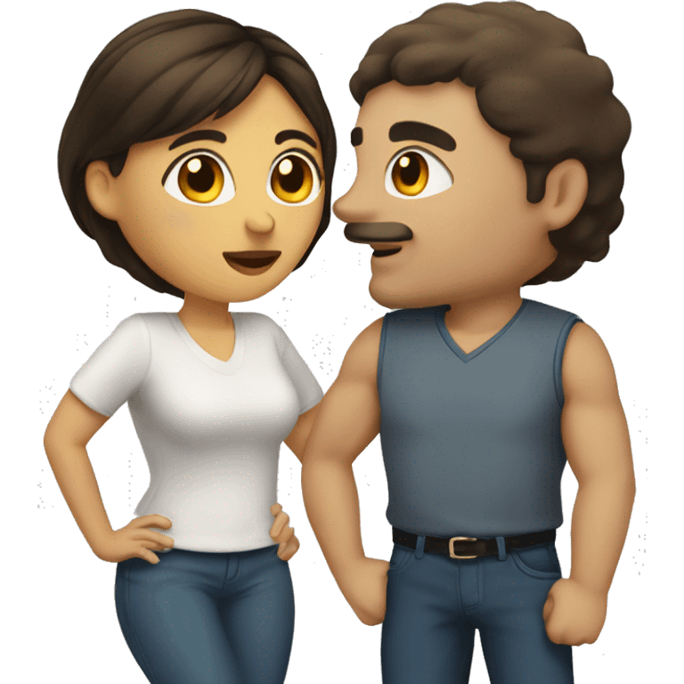 a woman with dark brown middle hair and a man with short light hair are kissing emoji