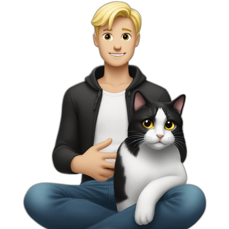 a blond man who makes a heart with his hands and sits next to a black and white cat emoji