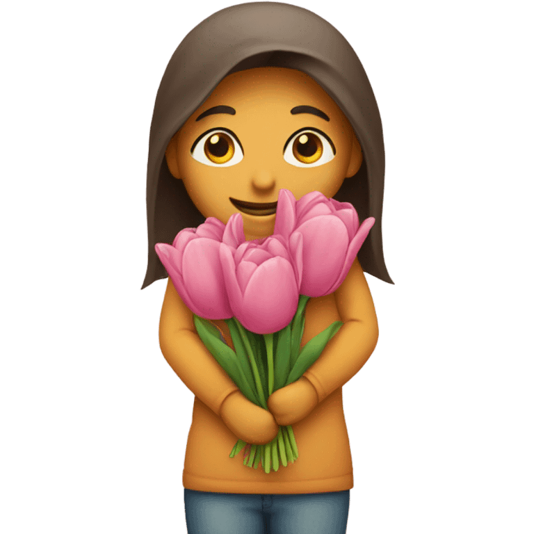 Shy emoji holding tulips to give to other person emoji