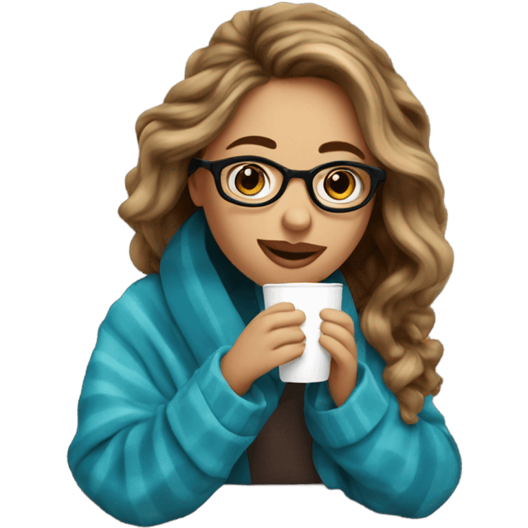 Balayage hair Girl drinking coffee, with a cozy blanket wearing glasses with blue eyes  emoji