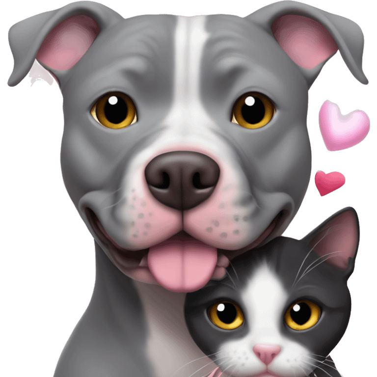 Grey pitbull and black cat cuddling surrounded by pink hearts  emoji