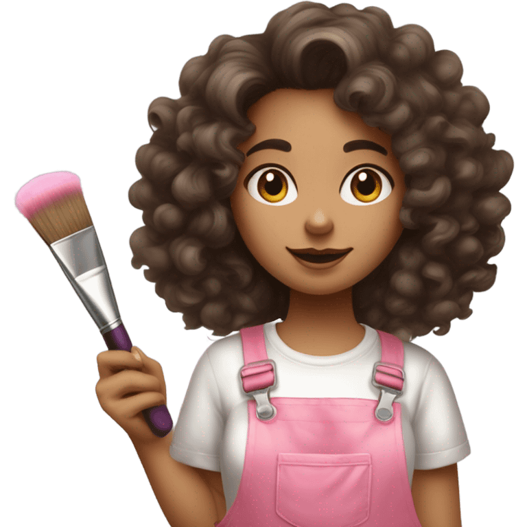 Curly-haired brunette girl painter in artist's costume and paint stains on her pink overalls with a brush and a paint palette in her hand emoji