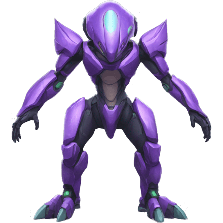 a purple-green Genesect-Raptor-Fakémon—hybrid with a futuristic visor-helmet full body emoji