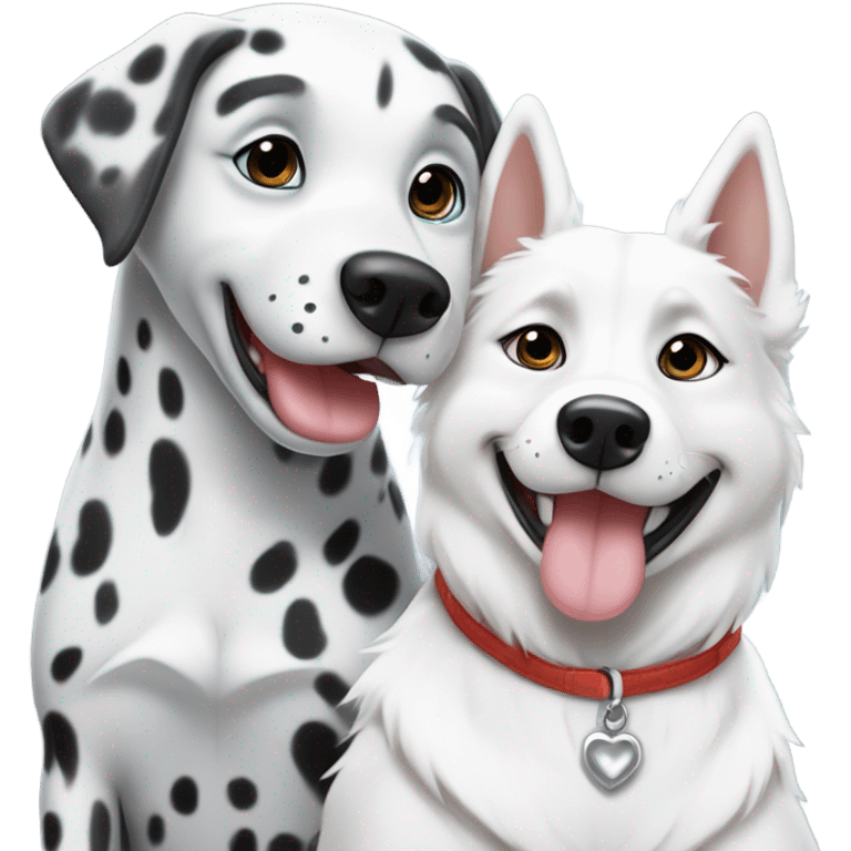 shibi style, dalmatian, white and grey siberian husky, in love emoji