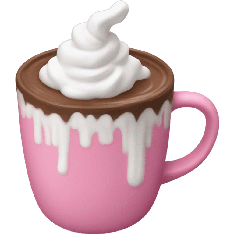 hot cocoa in a pink mug with whipped cream and marshmallow emoji