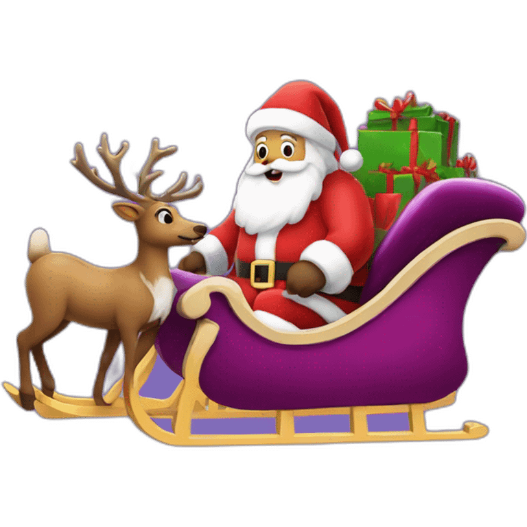 Santa Claus dressed in purple with a sleigh with reindeer emoji