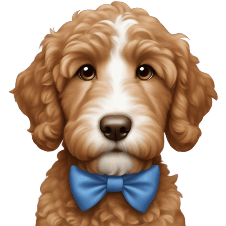 Red brown goldendoodle puppy white nose and chest blue bow in ear  emoji