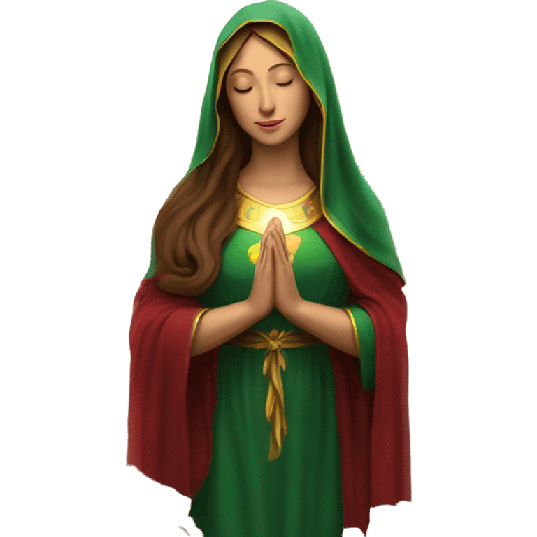 Virgin Mary: kind face looking down at the left, long brown hair, Wearing an emerald green  robe with gold stars and a burgundy red dress,  Hands in prayer or blessing. Halo around her head. standing in front of a big sun. colorful roses on the sides  emoji